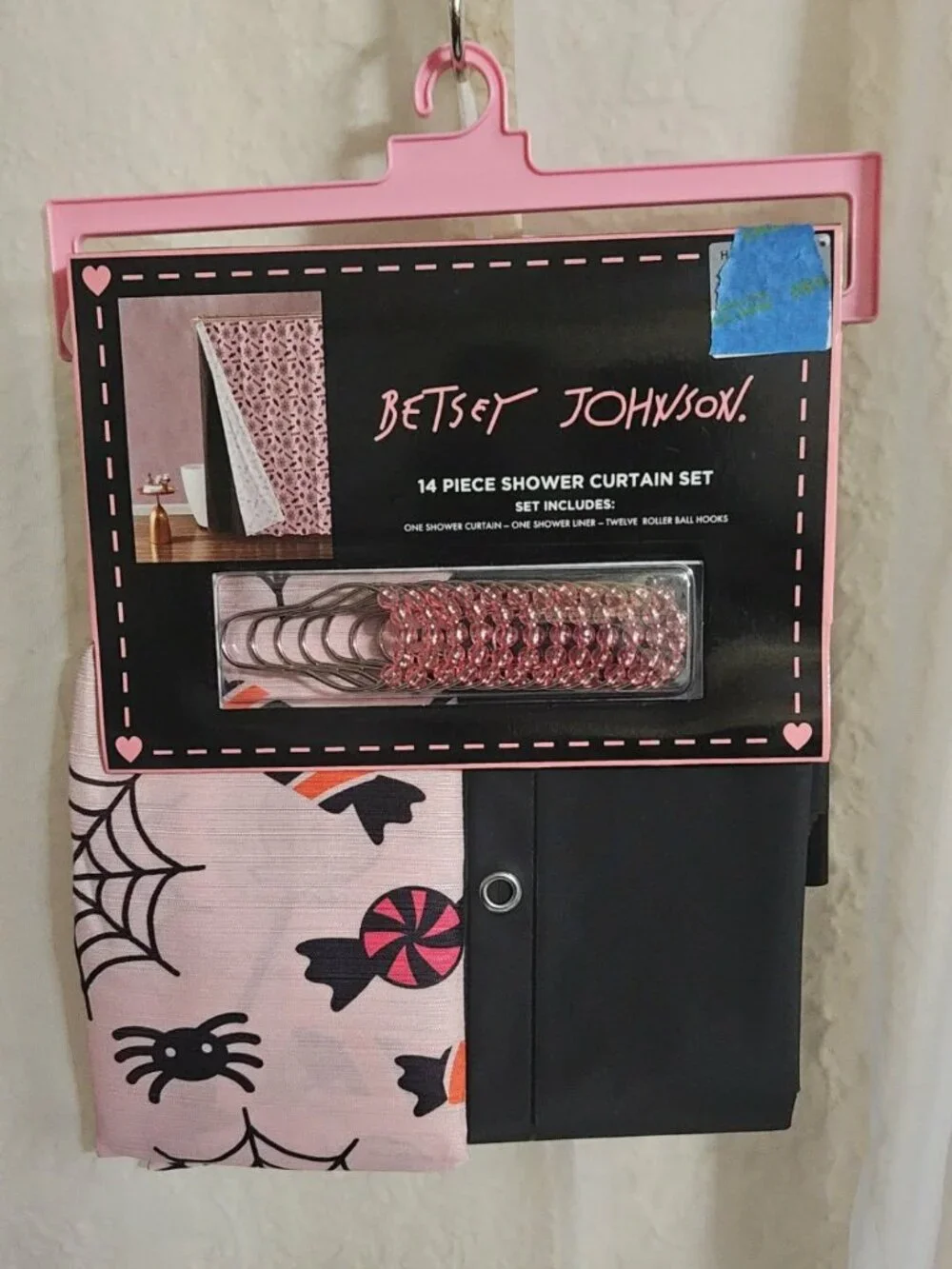 NWT Betsey Johnson 14-Pc Halloween Shower Curtain Set Spooky Cute Pink Black